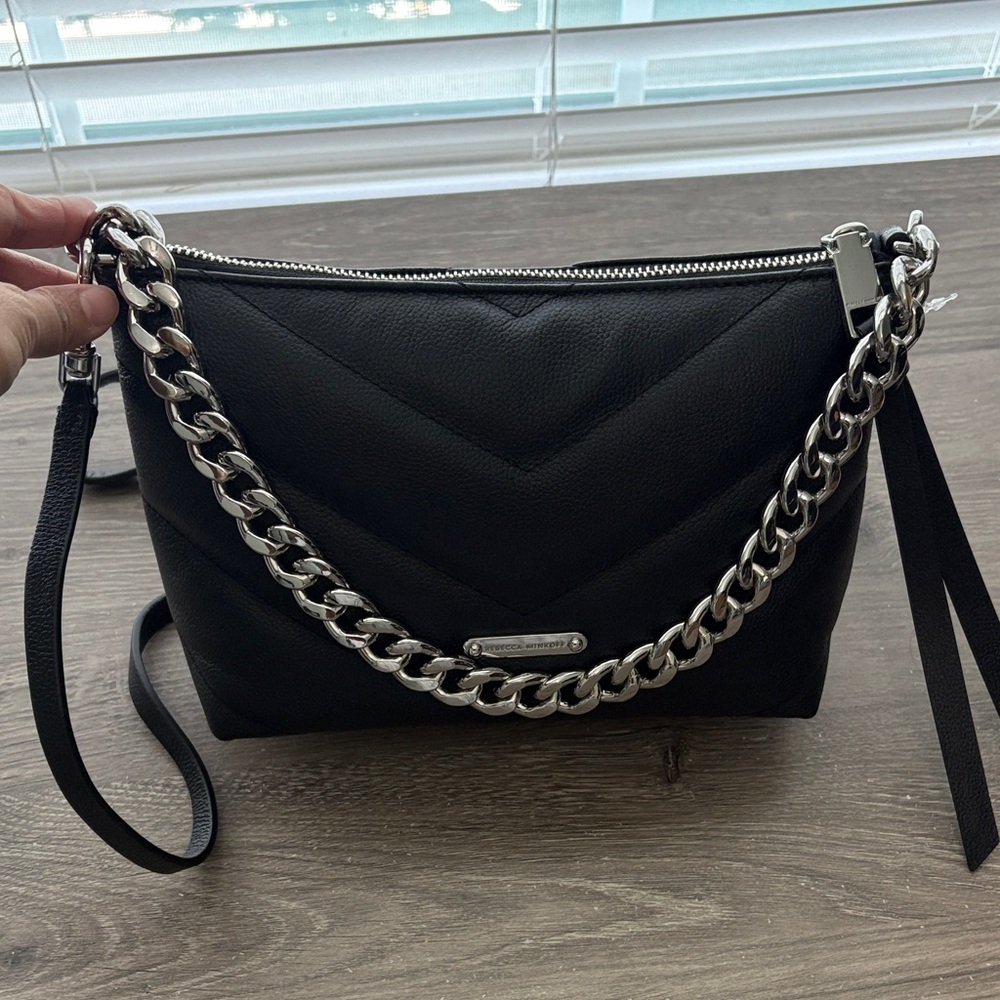 Rebecca Minkoff Edie Leather Crossbody Bag in Black/Silver Chain